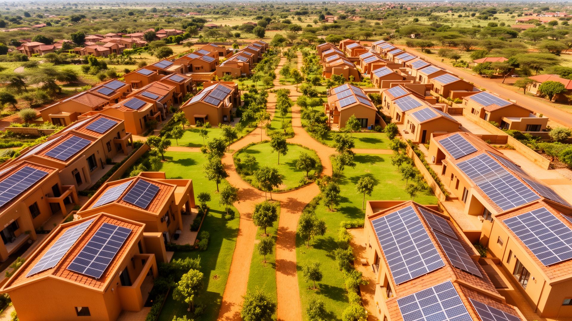 Aerial view of a planned Micro Haven community with green spaces and solar homes