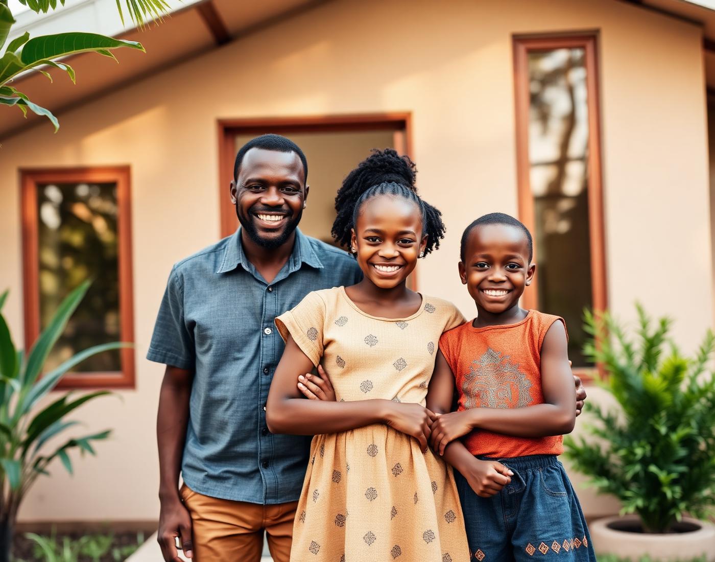 A proud family standing in front of their new Micro Haven home